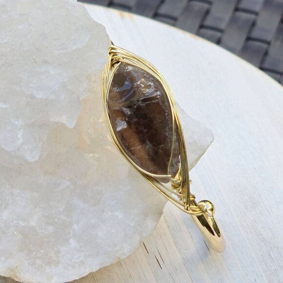 Smoky Quartz Leaf Wire Wrap Cuff – 14Kt Gold Over Copper – Grounding Talisman - Picture 4 of 12